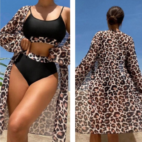 SHEIN Other - SHEIN 2pcs Set Leopard Print Bikini Swimsuit With Top & Shorts Cover Up